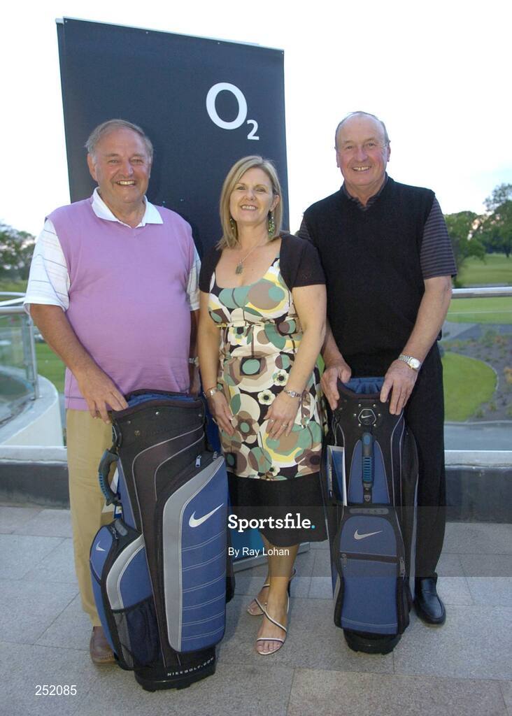 12 June 2007; Runners up, Larry O'Brien, left, and Noel Herterich are presented with golf bags by Clare Corrigan, Manager of 02, Navan, centre, at the O2 Masters Golf Challenge. Knightsbrook Hotel & Golf Resort, Trim, Co. Meath. Picture credit: Ray Lohan / SPORTSFILE *** Local Caption ***
