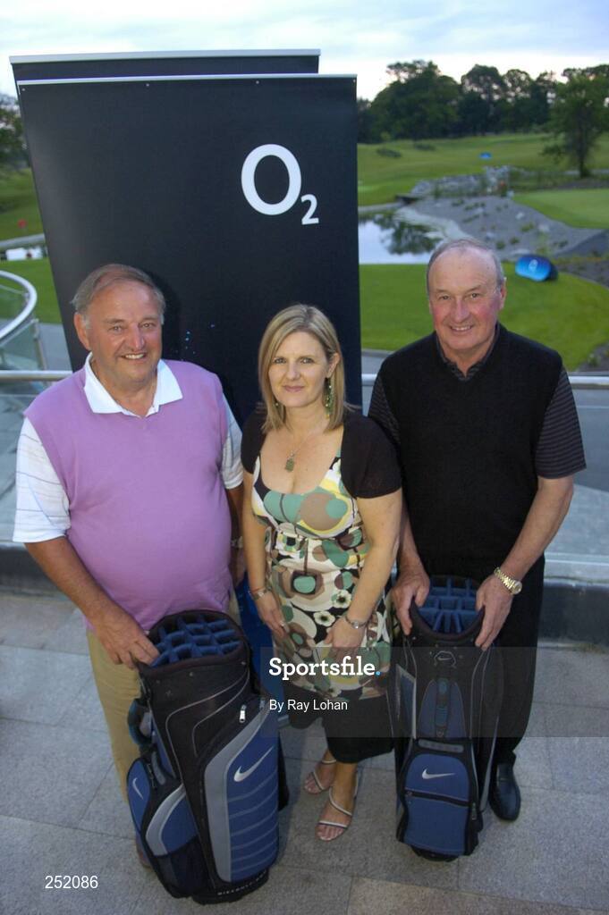12 June 2007; Runners up, left, Larry O'Brien and Noel Herterich are presented with golf bags by Clare Corrigan, Manager of 02, Navan, centre, at the O2 Masters Golf Challenge. Knightsbrook Hotel & Golf Resort, Trim, Co. Meath. Picture credit: Ray Lohan / SPORTSFILE