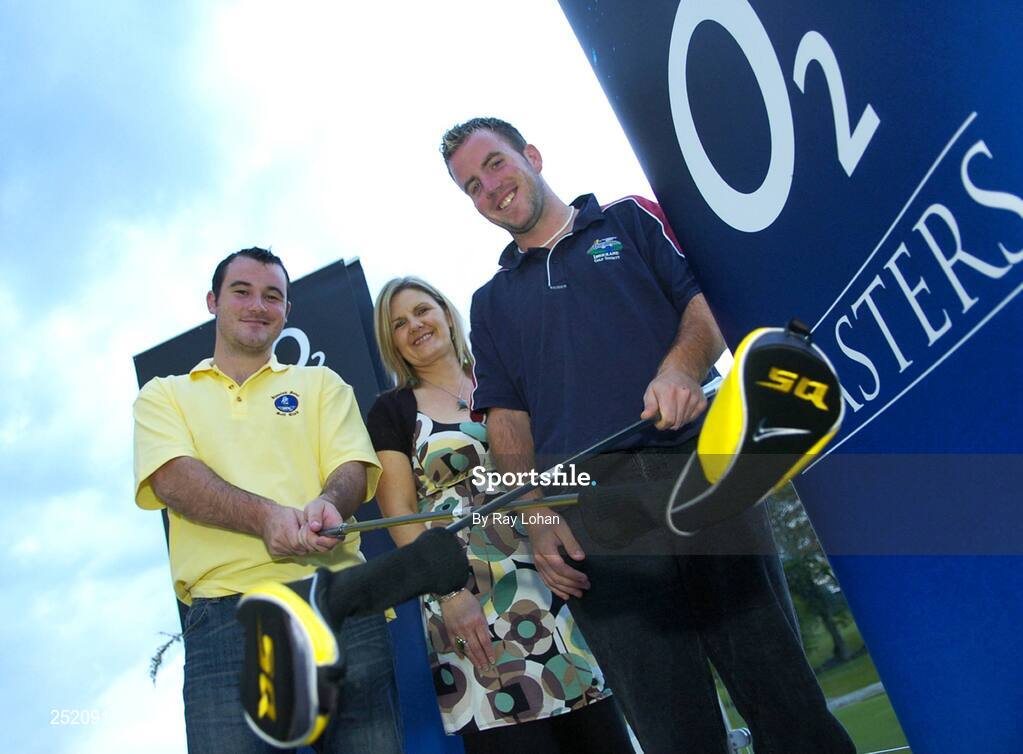 12 June 2007; Winners of Men's Eric Murrihy, left, and Evan Talty are presented with golf clubs by Clare Corrigan, Manager of 02, Navan, centre, at the O2 Masters Golf Challenge. Knightsbrook Hotel & Golf Resort, Trim, Co. Meath. Picture credit: Ray Lohan / SPORTSFILE