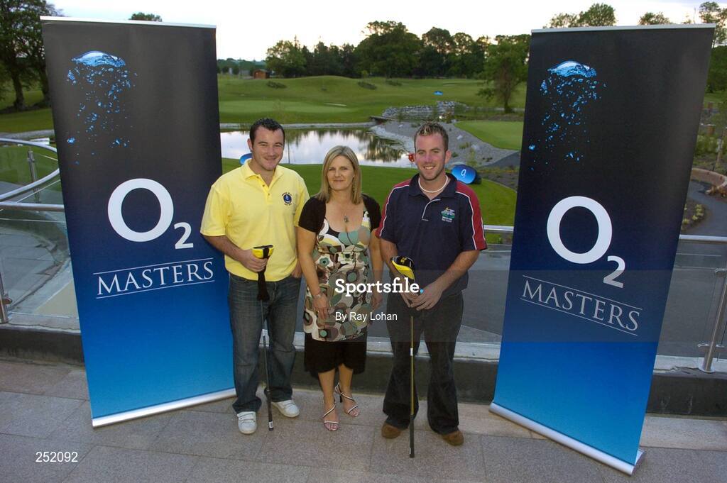 12 June 2007; Winners of Mens, Eric Murrihy, left, and Evan Talty are presented with golf clubs by Clare Corrigan, Manager of 02, Navan, at the O2 Masters Golf Challenge. Knightsbrook Hotel & Golf Resort, Trim, Co. Meath. Picture credit: Ray Lohan / SPORTSFILE *** Local Caption ***