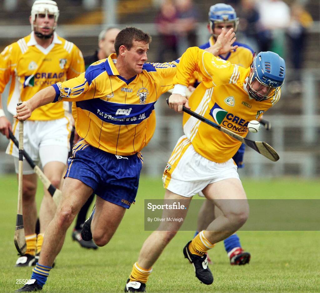 30 June 2007; Karl McKeegan, Antrim, in action against Brian O'Connell, Clare. Guinness All-Ireland Hurling Championship Qualifier, Group 1A, Round 1, Antrim v Clare, Casement Park, Belfast, Co. Antrim. Picture credit: Oliver McVeigh / SPORTSFILE