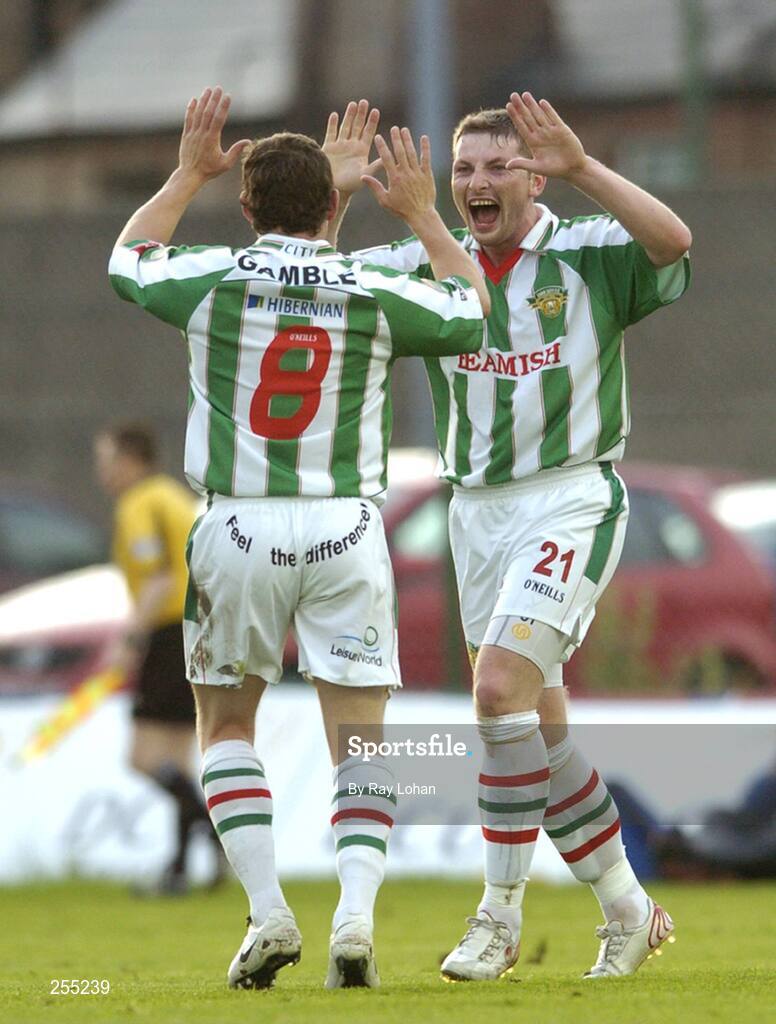 3 July 2007; Cork City's Joe Gamble, left, and Denis Behan celebrate their side's second goal. eircom League of Ireland Cup Quarter-Final, Bohemians v Cork City, Dalymount Park, Dublin. Picture credit: Ray Lohan / SPORTSFILE