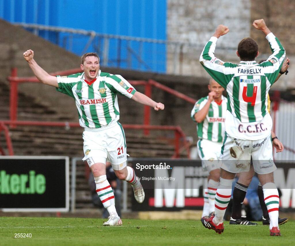 3 July 2007; Cork City's Denis Behan, left, celebrates his side's second goal with Gareth Farrelly, 4. eircom League of Ireland Cup Quarter-Final, Bohemians v Cork City, Dalymount Park, Dublin. Picture credit: Stephen McCarthy / SPORTSFILE