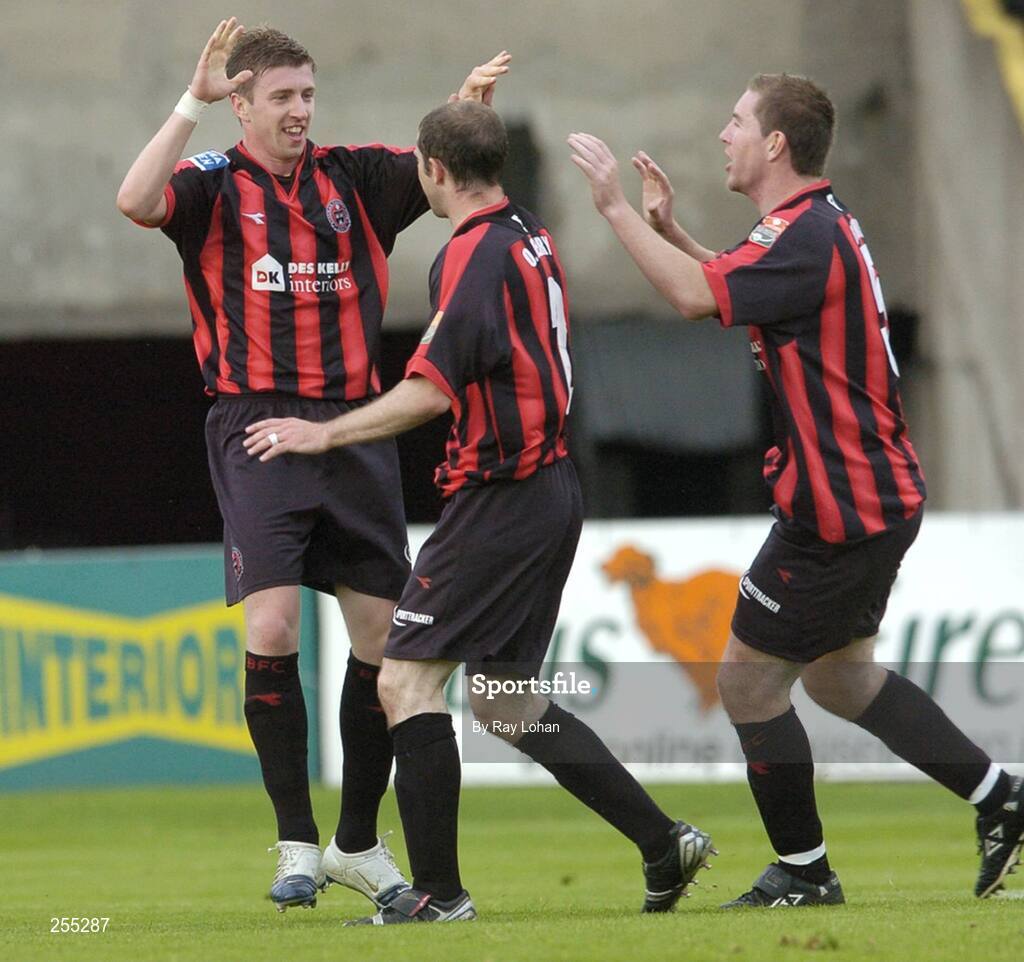 3 July 2007; Bohemians Dean Pooly, left, celebrates with Owen Heary, centre, and Liam Burns after scoring his side's second goal. eircom League of Ireland Cup Quarter-Final, Bohemians v Cork City, Dalymount Park, Dublin. Picture credit: Ray Lohan / SPORTSFILE