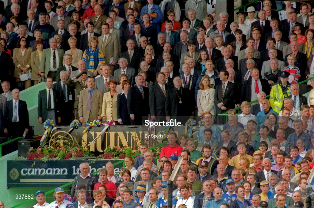 14 September 1997; Dignitaries, including Taoiseach Bertie Ahern TD, and Uachtarán Chumann Lúthchleas Gael Joe McDonagh stand for the National Anthem ahead of the GAA All-Ireland Senior Hurling Final match between Clare and Tipperary at Croke Park in Dublin. Photo by Sportsfile