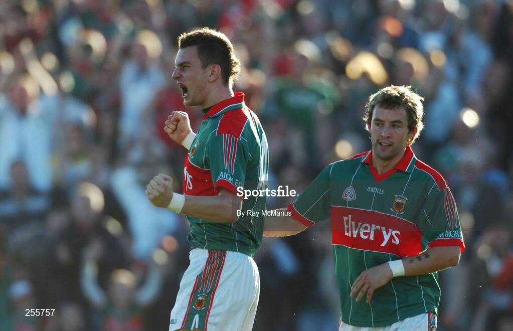 7 July 2007; Barry Moran celebrates his late goal for Mayo with team-mate Conor Mortimer. Bank of Ireland All-Ireland Senior Football Championship Qualifier, Round 1, Mayo v Cavan, McHale Park, Castlebar, Co. Mayo. Picture credit: Ray McManus / SPORTSFILE