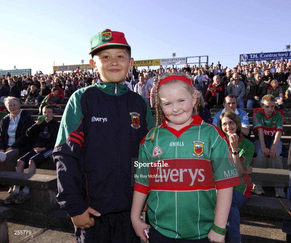 7 July 2007; Mayo supporters Ronan Jordan, nine years, and seven-year-old Shauna McGinty - Leonard from Ballina at the game. Bank of Ireland All-Ireland Senior Football Championship Qualifier, Round 1, Mayo v Cavan, McHale Park, Castlebar, Co. Mayo. Picture credit: Ray McManus / SPORTSFILE