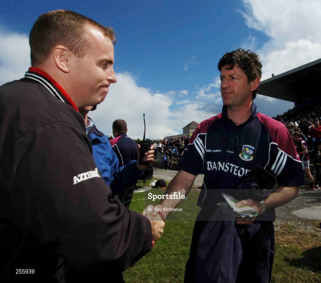 8 July 2007; The  Sligo manager Tommy Breheny is congratulated by Galway manager Peter Ford. Bank of Ireland Connacht Senior Football Championship Fial, Galway v Sligo, Dr. Hyde Park, Roscommon. Picture credit: Ray McManus / SPORTSFILE