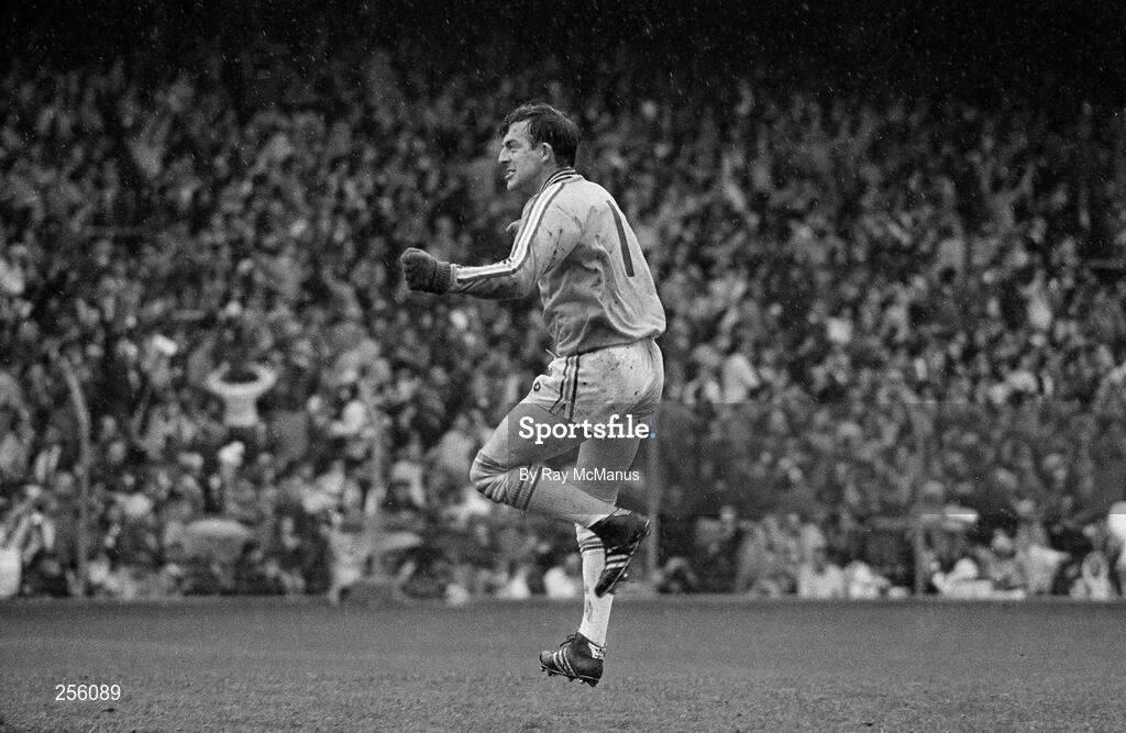 19 September 1982; Offaly goalkeeper Martin Furlong celebrates after Seamus Darby scored their side's late goal at the All-Ireland Senior Football Final match between Kerry and Offaly at Croke Park, Dublin. Photo by Ray McManus/Sportsfile