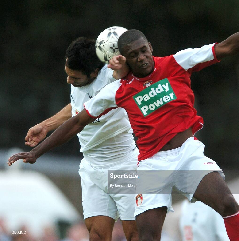 12 July 2007; Keith Barker, St Patrick's Athletic, in action against Ricardo Rocha, Tottenham Hotspur. Pre Season Friendly, St Patrick's Athletic v Tottenham Hotspur, Richmond Park, Dublin. Picture credit: Brendan Moran / SPORTSFILE