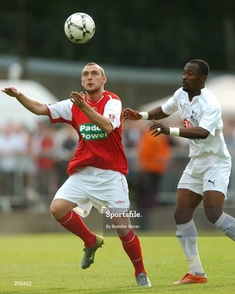 12 July 2007; Mark Quigley, St Patrick's Athletic, in action against Didier Zakora, Tottenham Hotspur. Pre Season Friendly, St Patrick's Athletic v Tottenham Hotspur, Richmond Park, Dublin. Picture credit: Brendan Moran / SPORTSFILE