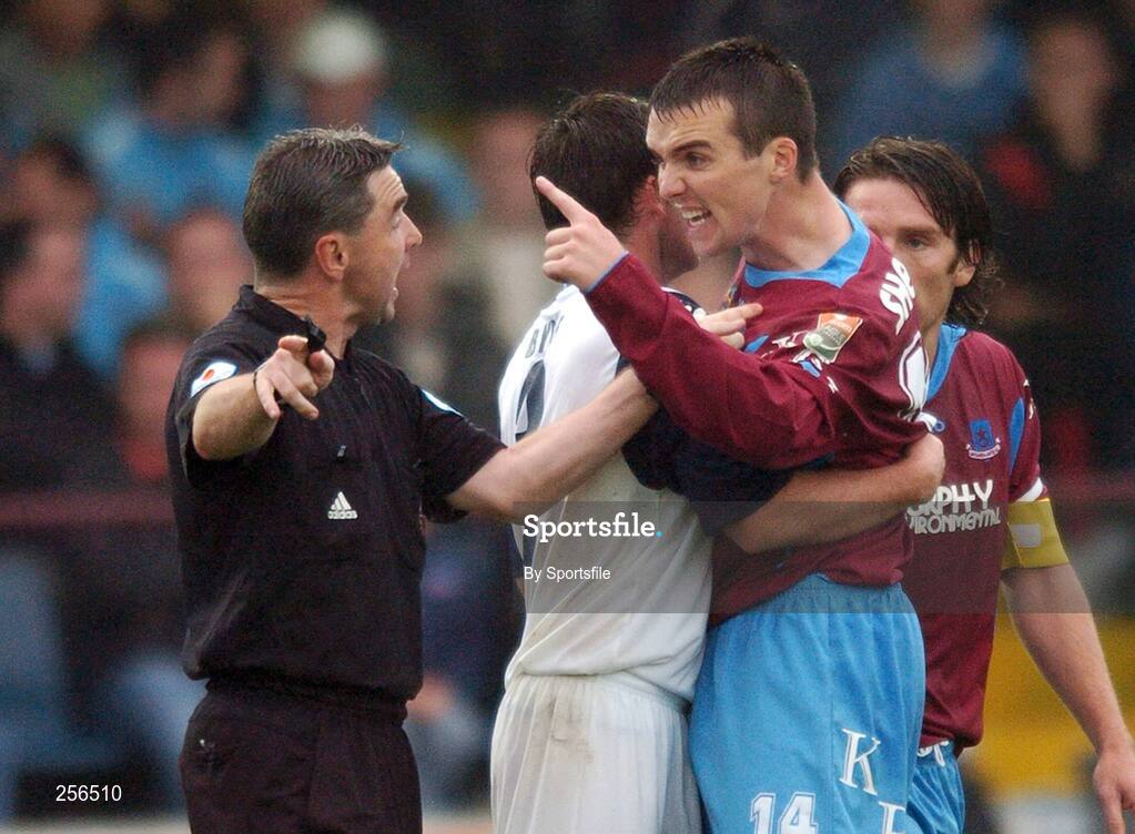 13 July 2007; Brian Shelley, Drogheda United, remonstrates with referee Damien Hancock while being held back by Des Byrne, Bohemians. eircom League of Ireland Premier Division, Drogheda United v Bohemians, United Park, Drogheda, Co. Louth. Photo by Sportsfile
