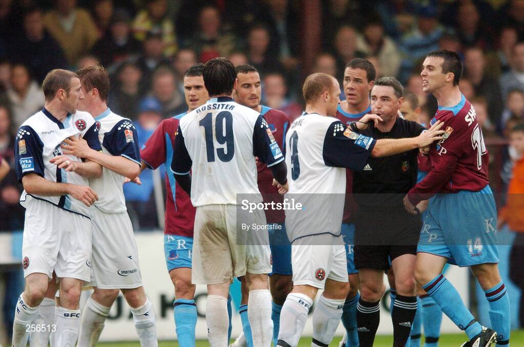 13 July 2007; Brian Shelley, right, Drogheda United, exchanges words with Owen Heary, left, Bohemians. eircom League of Ireland Premier Division, Drogheda United v Bohemians, United Park, Drogheda, Co. Louth. Photo by Sportsfile