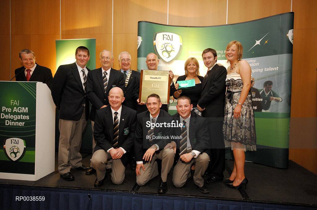 6 July 2007; Manulla FC from Castlebar, Co Mayo, were awarded FAI Club of the year at a pre Annual General Meeting dinner hosted by the Football Association of Ireland. Pictured on the night were, back, from left, Tony O'Donoghue, RTE sports presenter, Joe King, Tommy Rumley, Manulla FC, David Blood, President FAI, John Lavelle, Chairman Manulla FC, Denise Walsh, Manulla FC, Eoin Brannigan, The Star newspaper, and Tracy Durkan Manulla FC. Front, from left, John Durkan, John Hennelly  and Damien Joyce of Manulla FC. The Malton Hotel, Killarney, Co. Kerry. Picture credit: Domnick Walsh / SPORTSFILE