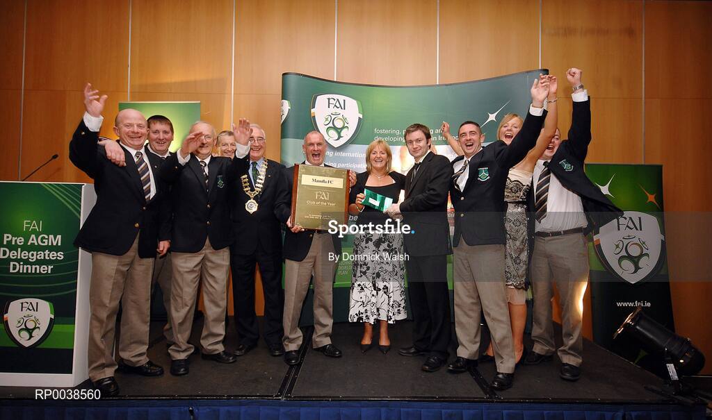 6 July 2007; Manulla FC from Castlebar, Co. Mayo, were awarded FAI Club of the year at a pre Annual General Meeting dinner hosted by the Football Association of Ireland. Pictured on the night were, from left, John Durkan, Joe King, Tommy Rumley, Manulla FC, Tony O'Donoghue, RTE sports presenter, David Blood, President FAI, John Lavelle Chairman Manulla FC, Denise Walsh, Manulla FC, Eoin Brannigan, The Star newspaper, John Hennelly, Tracy Durkan and Damien Joyce of Manulla FC. The Malton Hotel, Killarney, Co. Kerry. Picture credit: Domnick Walsh / SPORTSFILE