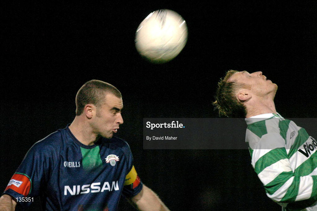 26 March 2004; Dan Murray of Cork City in action against Trevor Molloy of Shamrock Rovers during the Eircom League Premier Division match between Shamrock Rovers and Cork City at Richmond Park in Dublin. Photo by David Maher/Sportsfile