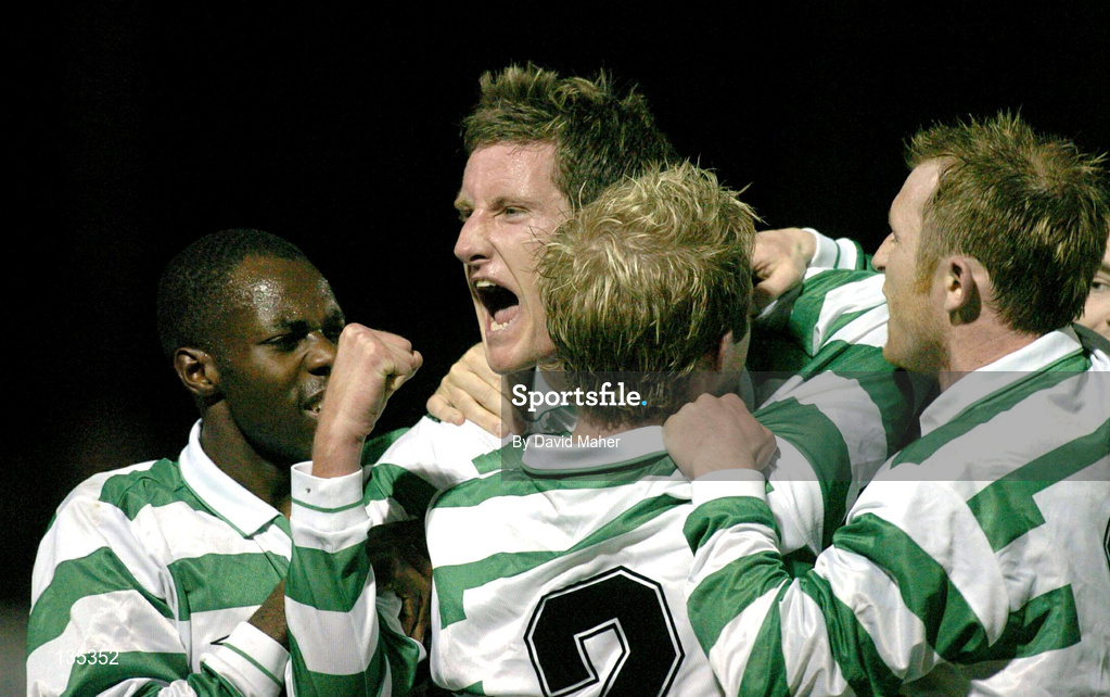 26 March 2004; Jason McGuinness,  second from left, of Shamrock Rovers celebrates after scoring his side's second goal with team-mates, from left, Mark Rutherford, Stephen Gough and Trevor Molloy during the Eircom League Premier Division match between Shamrock Rovers and Cork City at Richmond Park in Dublin. Photo by David Maher/Sportsfile