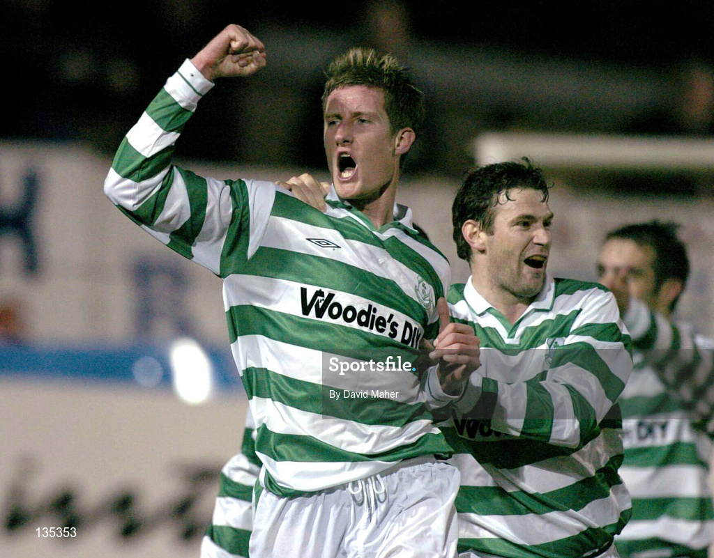 26 March 2004; Jason McGuinness, left, of Shamrock Rovers celebrates with team-mate Liam Kelly after scoring his side's second goal during the Eircom League Premier Division match between Shamrock Rovers and Cork City at Richmond Park in Dublin. Photo by David Maher/Sportsfile