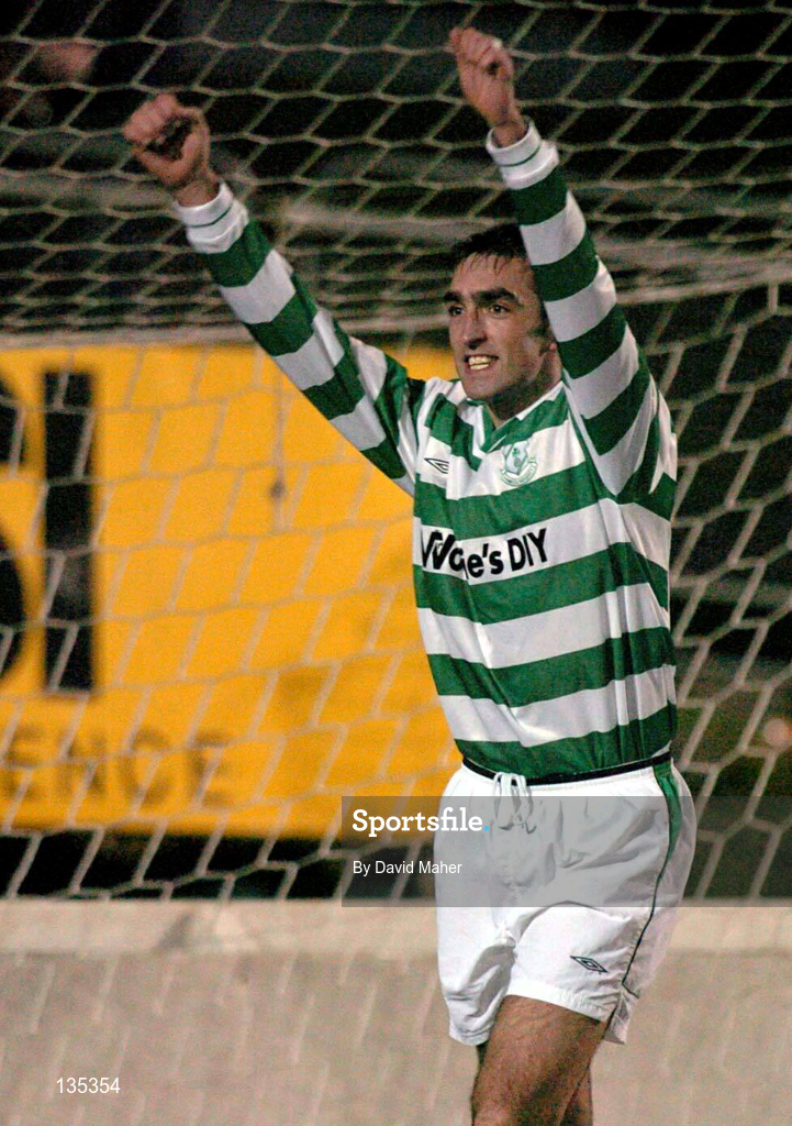26 March 2004; Terry Palmer of Shamrock Rovers celebrates after scoring his side's first goal during the Eircom League Premier Division match between Shamrock Rovers and Cork City at Richmond Park in Dublin. Photo by David Maher/Sportsfile