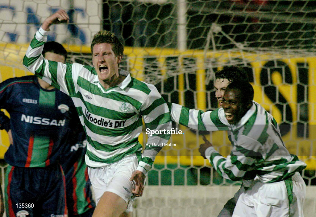 26 March 2004; Jason McGuinness, left, of Shamrock Rovers celebrates after scoring his side's second goal with team-mates Liam Kelly and Mark Rutherford, right, during the Eircom League Premier Division match between Shamrock Rovers and Cork City at Richmond Park in Dublin. Photo by David Maher/Sportsfile