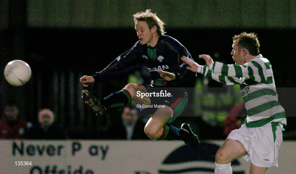 26 March 2004; Colin T O' Brien of Cork City in action against Trevor Molloy of Shamrock Rovers during the Eircom League Premier Division match between Shamrock Rovers and Cork City at Richmond Park in Dublin. Photo by David Maher/Sportsfile