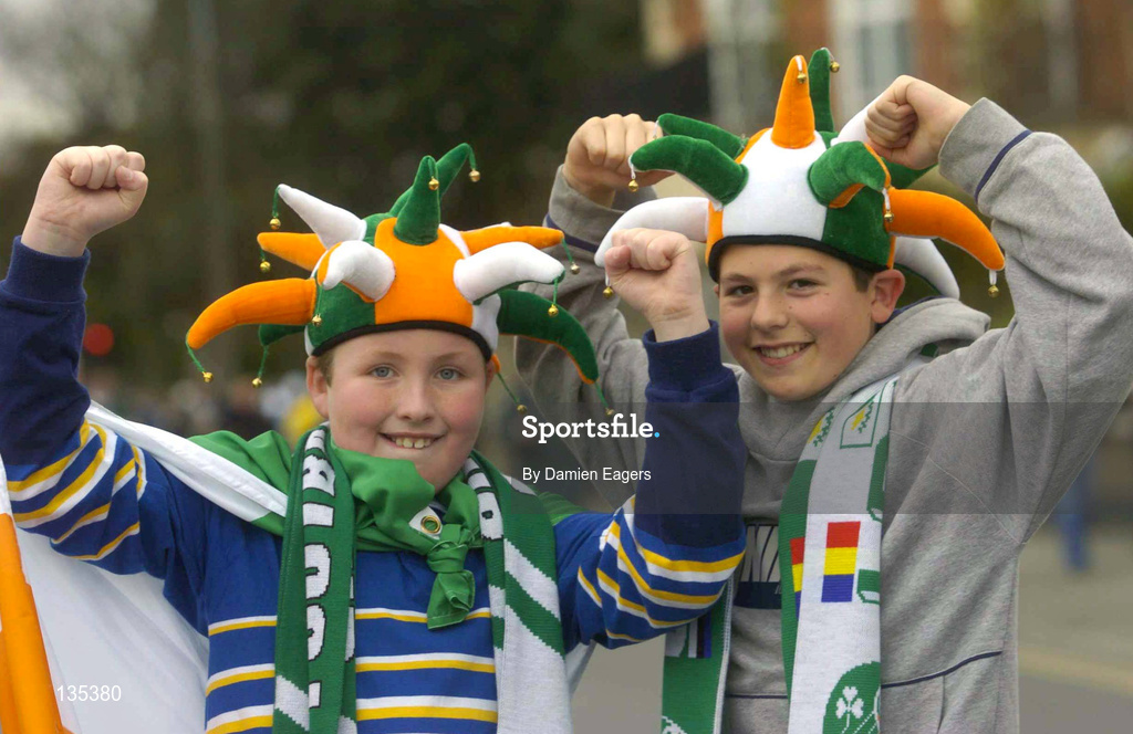 27 March 2004; Ireland supporters Thomas McEvoy, from Mountmellick, left, and Daniel Beere, from Portlaoise, ahead of the RBS Six Nations Rugby Championship match between Ireland and Scotland at Lansdowne Road in Dublin. Photo by Damien Eagers/Sportsfile