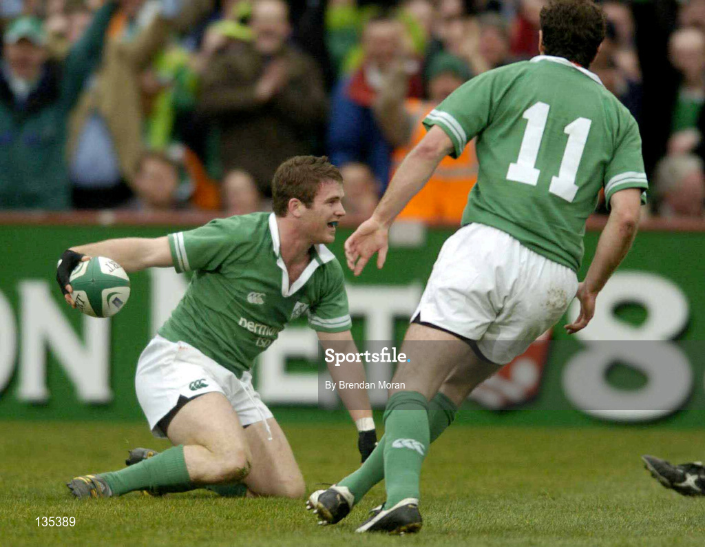 27 March 2004; Gordon D'Arcy of Ireland celebrates after scoring his side's first try during the RBS Six Nations Rugby Championship match between Ireland and Scotland at Lansdowne Road in Dublin. Photo by Brendan Moran/Sportsfile