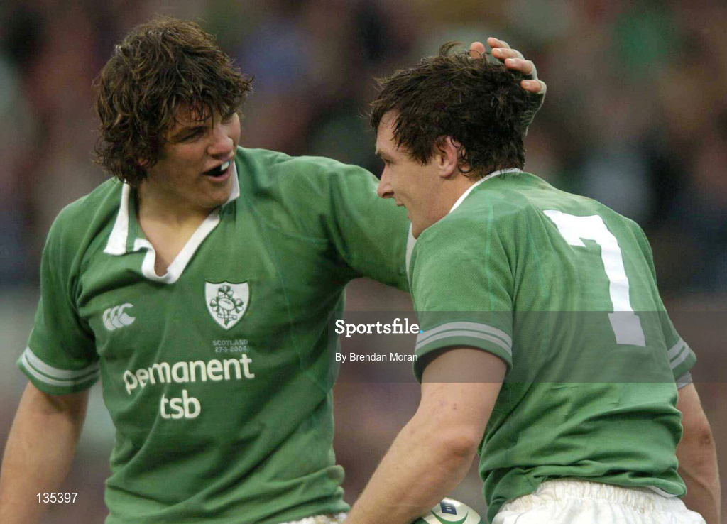 27 March 2004; David Wallace, 7, of Ireland is congratulated by team-mate Donnacha O'Callaghan after scoring his side's third try during the RBS Six Nations Rugby Championship match between Ireland and Scotland at Lansdowne Road in Dublin. Photo by Brendan Moran/Sportsfile