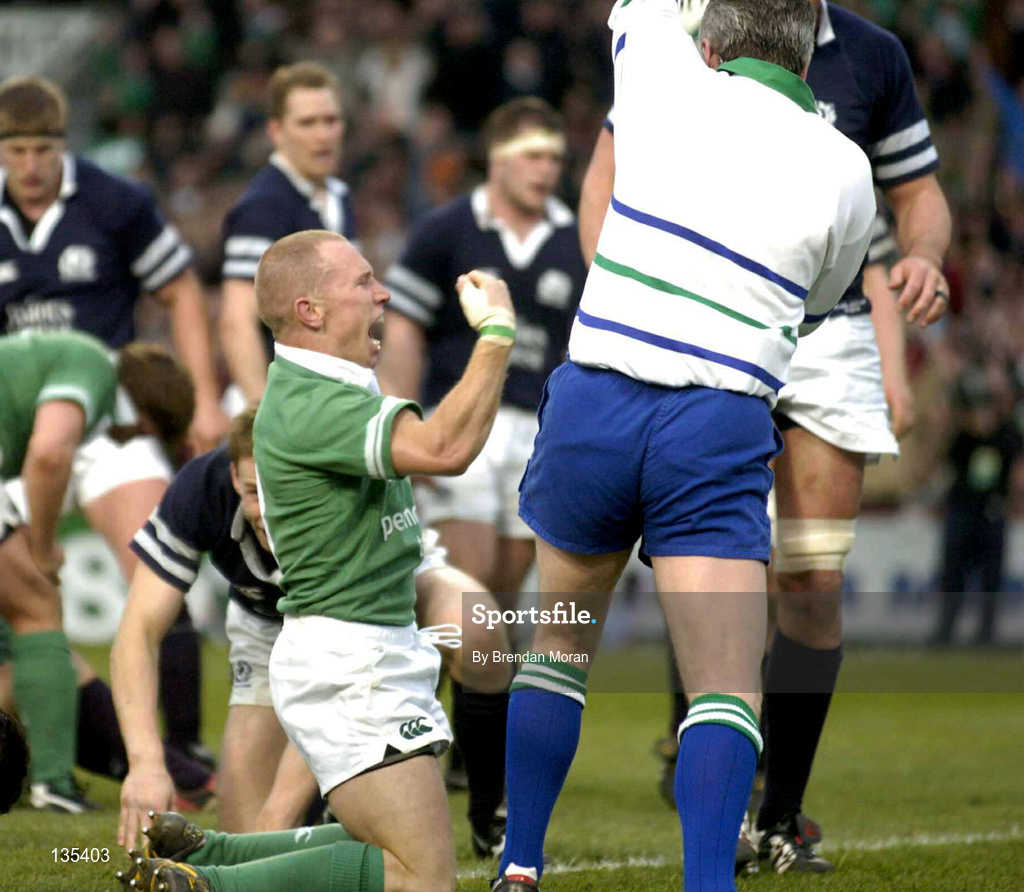 27 March 2004; Peter Stringer of Ireland celebrates after scoring his side's fourth try during the RBS Six Nations Rugby Championship match between Ireland and Scotland at Lansdowne Road in Dublin. Photo by Brendan Moran/Sportsfile