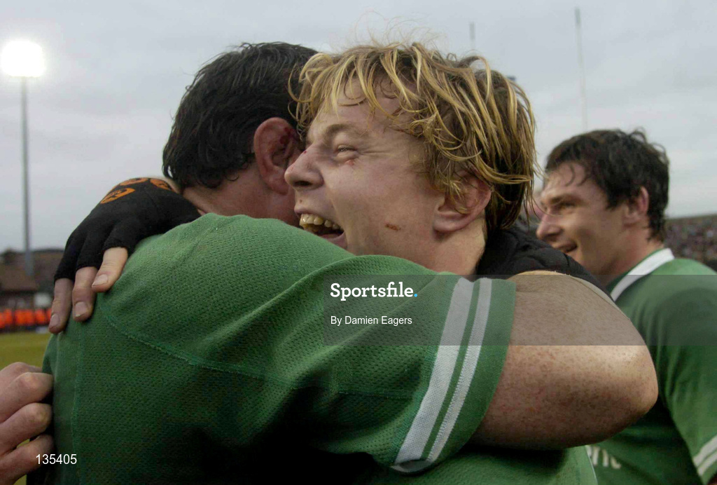 27 March 2004; Ireland players Brian O'Driscoll, right, and Reggie Corrigan celebrate following the RBS Six Nations Rugby Championship match between Ireland and Scotland at Lansdowne Road in Dublin. Photo by Damien Eagers/Sportsfile