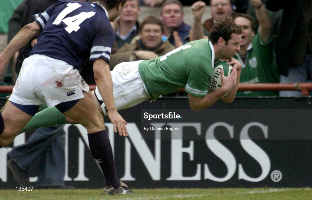 27 March 2004; Geordan Murphy of Ireland goes over to score his side's second try during the RBS Six Nations Rugby Championship match between Ireland and Scotland at Lansdowne Road in Dublin. Photo by Damien Eagers/Sportsfile