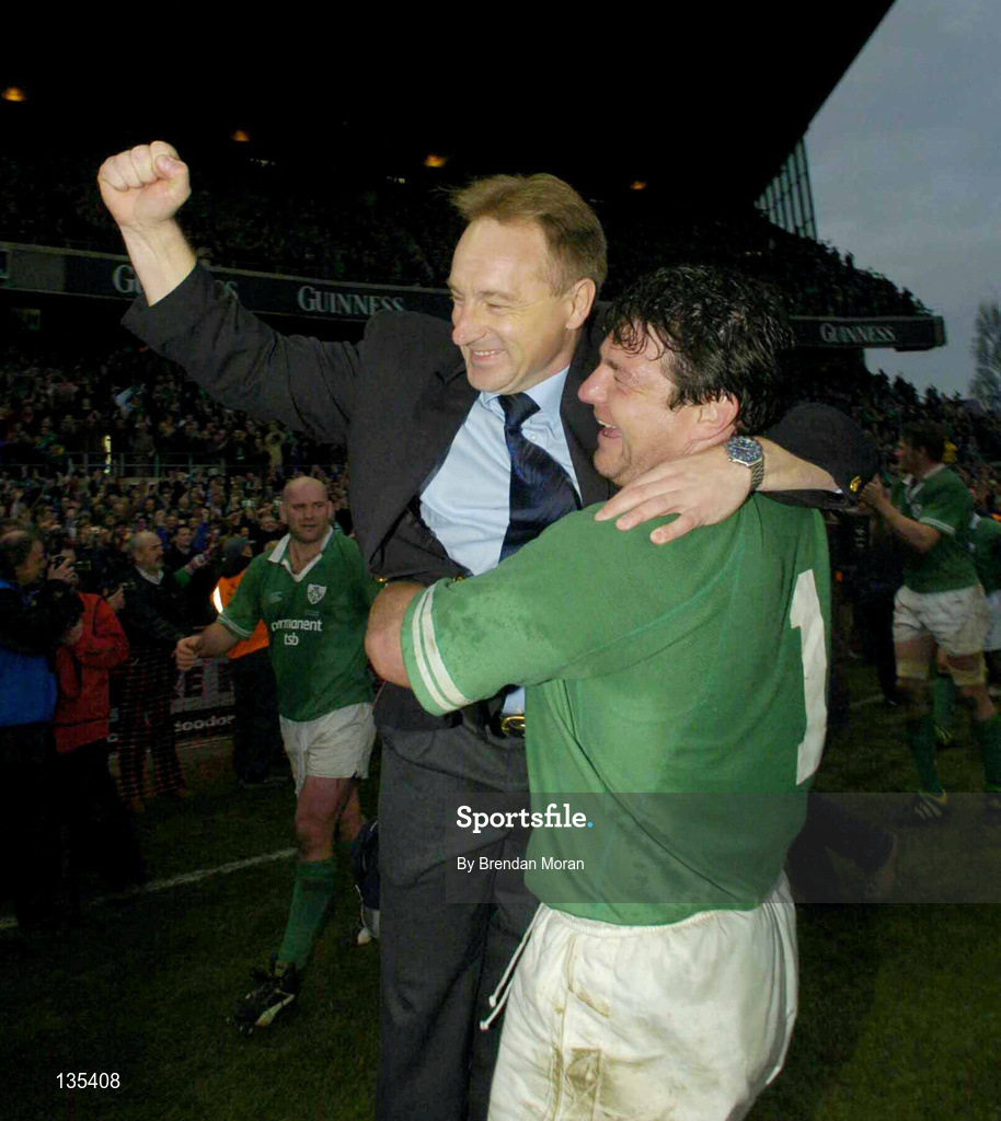 27 March 2004; Ireland coach Eddie O'Sullivan and Reggie Corrigan celebrate following the RBS Six Nations Rugby Championship match between Ireland and Scotland at Lansdowne Road in Dublin. Photo by Brendan Moran/Sportsfile