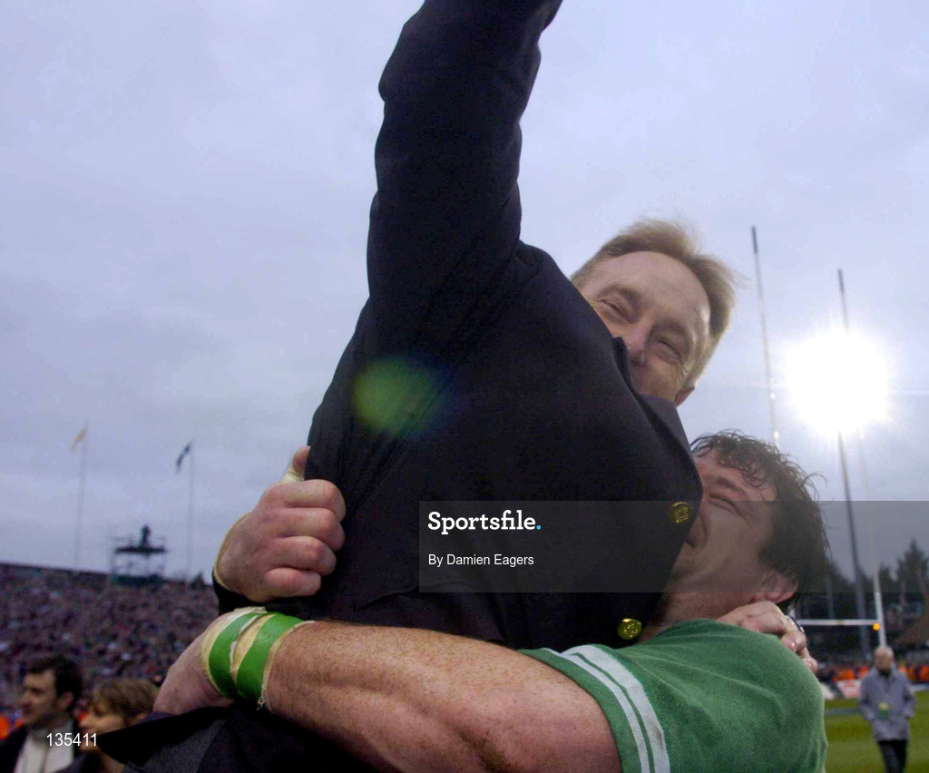 27 March 2004; Ireland coach Eddie O'Sullivan celebrates with Reggie Corrigan of Ireland following the RBS Six Nations Rugby Championship match between Ireland and Scotland at Lansdowne Road in Dublin. Photo by Damien Eagers/Sportsfile