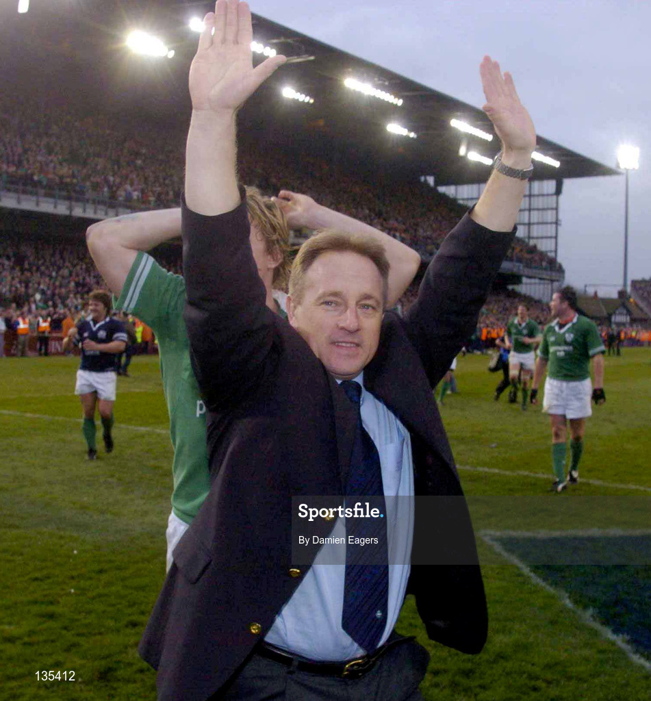 27 March 2004; Ireland coach Eddie O'Sullivan celebrates following the RBS Six Nations Rugby Championship match between Ireland and Scotland at Lansdowne Road in Dublin. Photo by Damien Eagers/Sportsfile