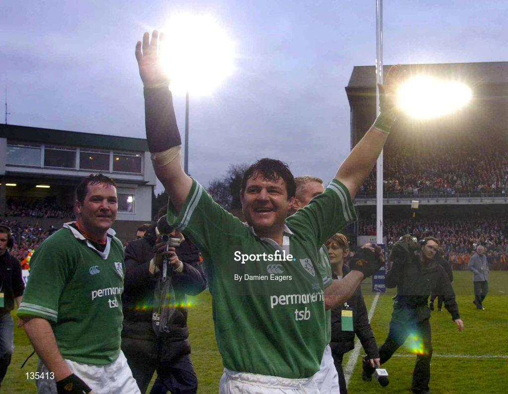 27 March 2004; Ireland players Reggie Corrigan, right, and Anthony Foley, celebrate following the RBS Six Nations Rugby Championship match between Ireland and Scotland at Lansdowne Road in Dublin. Photo by Damien Eagers/Sportsfile