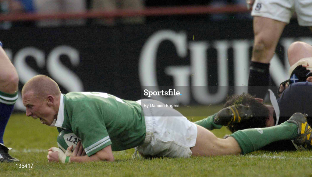 27 March 2004; Peter Stringer of Ireland goes over to score his side's third try during the RBS Six Nations Rugby Championship match between Ireland and Scotland at Lansdowne Road in Dublin. Photo by Damien Eagers/Sportsfile