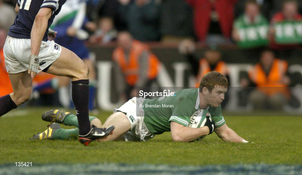 27 March 2004; Gordon D'Arcy of Ireland celebrates after scoring his side's first try during the RBS Six Nations Rugby Championship match between Ireland and Scotland at Lansdowne Road in Dublin. Photo by Brendan Moran/Sportsfile