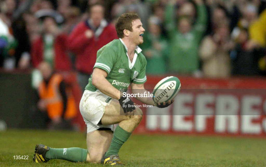 27 March 2004; Gordon D'Arcy of Ireland celebrates after scoring his side's first try during the RBS Six Nations Rugby Championship match between Ireland and Scotland at Lansdowne Road in Dublin. Photo by Brendan Moran/Sportsfile