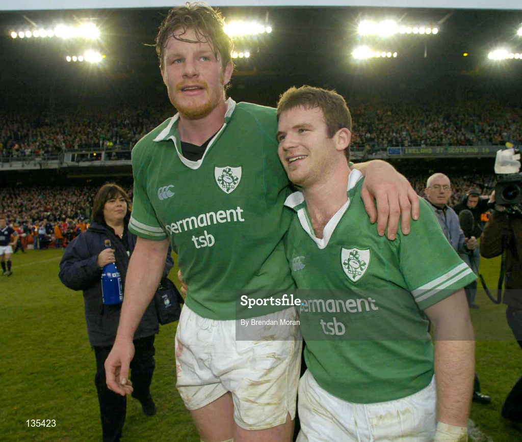 27 March 2004; Malcolm O'Kelly and Gordon D'Arcy, right, of Ireland celebrate following of the RBS Six Nations Rugby Championship match between Ireland and Scotland at Lansdowne Road in Dublin. Photo by Brendan Moran/Sportsfile