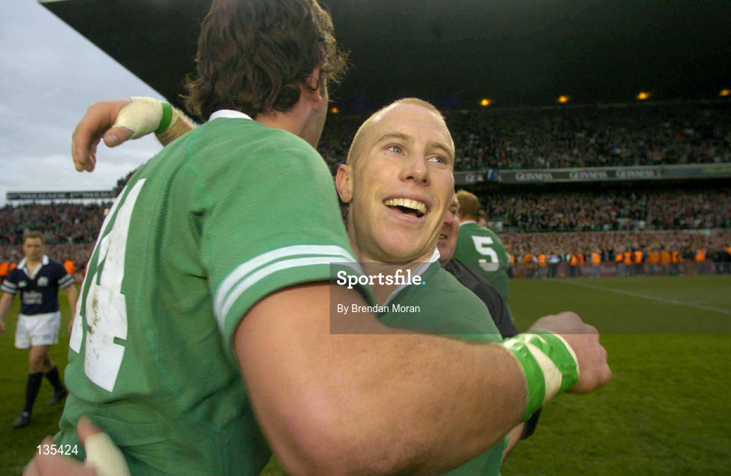 27 March 2004; Peter Stringer, right, and Shane Horgan of Ireland, celebrate following of the RBS Six Nations Rugby Championship match between Ireland and Scotland at Lansdowne Road in Dublin. Photo by Brendan Moran/Sportsfile