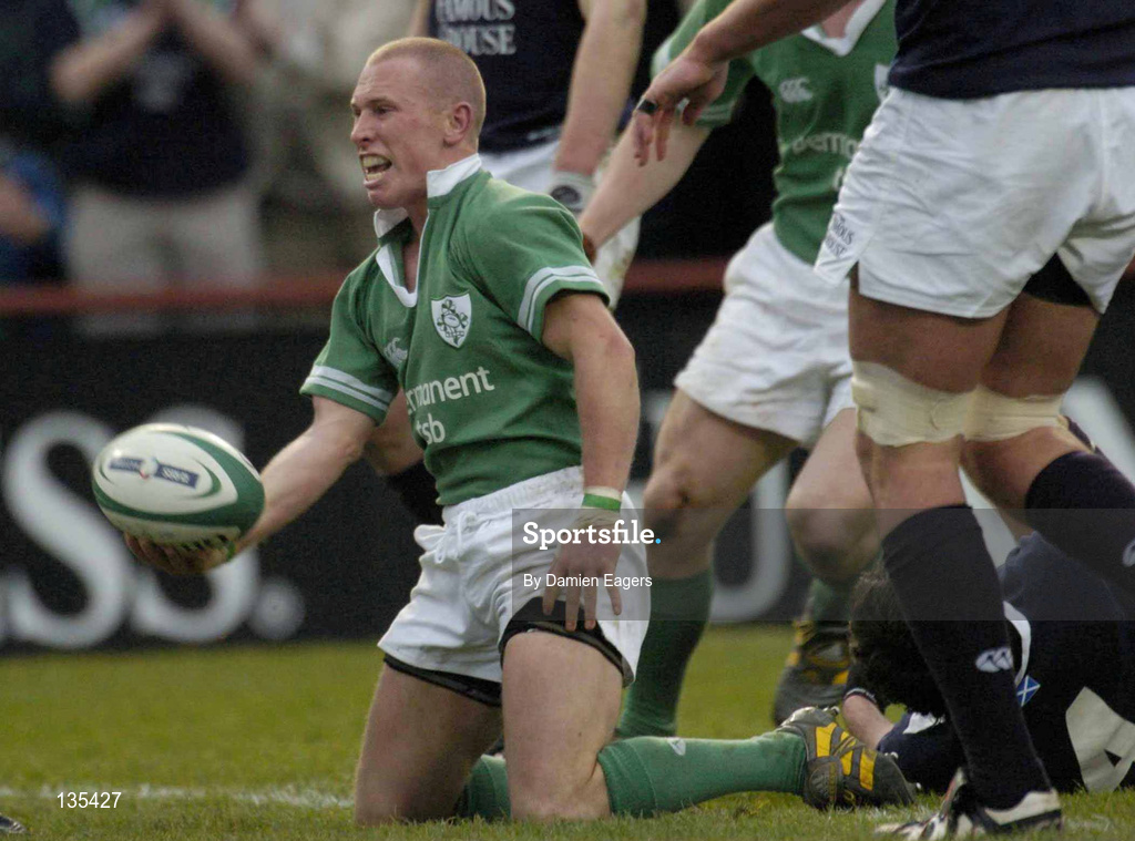 27 March 2004; Peter Stringer of Ireland celebrates after scoring his side's third try during the RBS Six Nations Rugby Championship match between Ireland and Scotland at Lansdowne Road in Dublin. Photo by Damien Eagers/Sportsfile