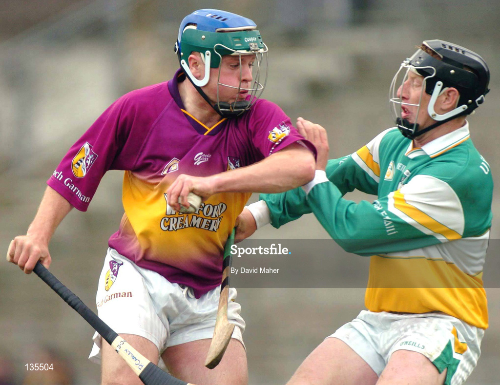 28 March 2004; Paul Carley of Wexford in action against Neville Coughlan of Offaly during the Allianz Hurling League Division 1B match between Offaly and Wexford at St. Brendan's Park in Birr, Offaly. Photo by David Maher/Sportsfile