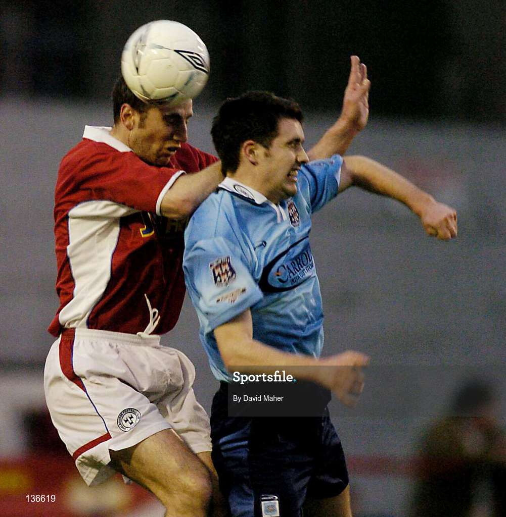 9 April 2004; Owen Heary of Shelbourne in action against Cathal O'Connor of Dublin City during the Eircom League Premier Division match between Shelbourne and Dublin City at Tolka Park in Dublin. Photo by David Maher/Sportsfile