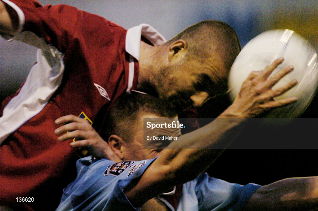 9 April 2004; Dave Rodgers of Shelbourne in action against Gary O'Neill of Dublin City during the Eircom League Premier Division match between Shelbourne and Dublin City at Tolka Park in Dublin. Photo by David Maher/Sportsfile