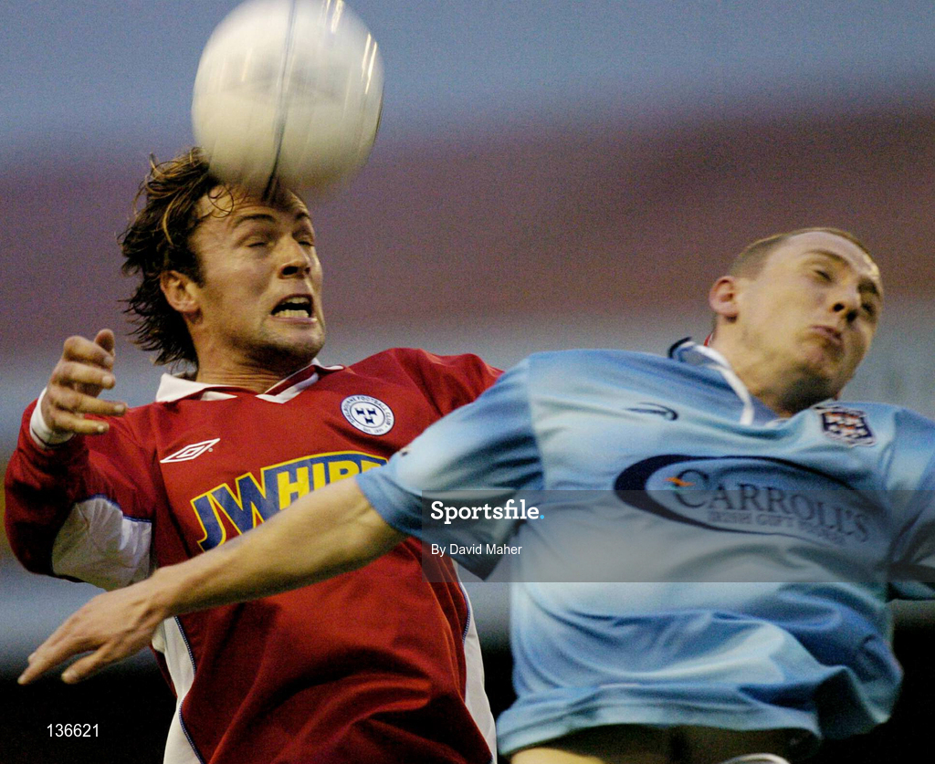 9 April 2004; Jamie Harris of Shelbourne in action against Gary O'Neill of Dublin City during the Eircom League Premier Division match between Shelbourne and Dublin City at Tolka Park in Dublin. Photo by David Maher/Sportsfile