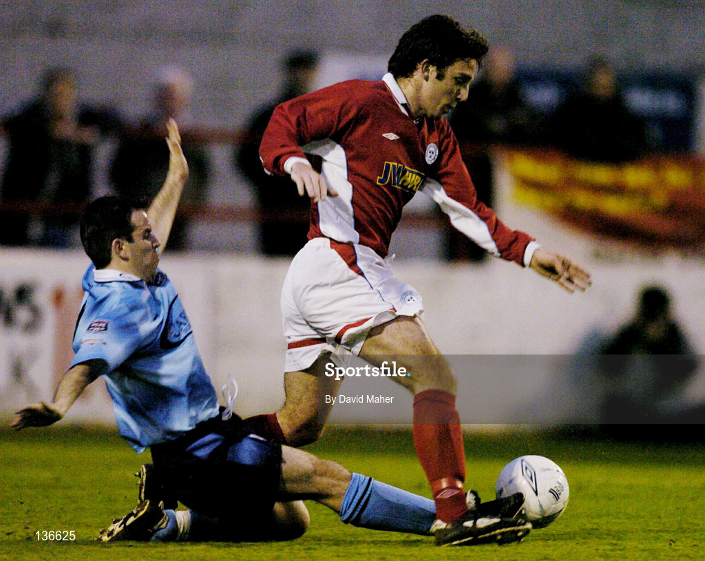 9 April 2004; Stuart Byrne of Shelbourne in action against Jason Colwell of Dublin City during the Eircom League Premier Division match between Shelbourne and Dublin City at Tolka Park in Dublin. Photo by David Maher/Sportsfile