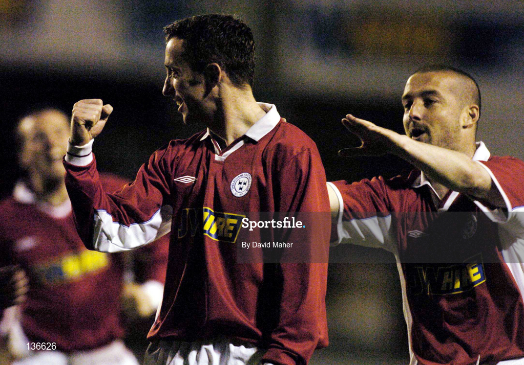 9 April 2004; Ollie Cahill of Shelbourne celebrates after scoring his side's first goal with team-mate Dave Rodgers, right, during the Eircom League Premier Division match between Shelbourne and Dublin City at Tolka Park in Dublin. Photo by David Maher/Sportsfile