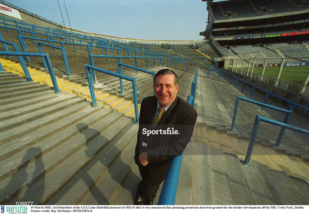 19 March 2003; Ard Stiurthoir of the GAA Liam Mulvihill pictured on Hill 16 after it was announced that planning permission had been granted for the further development off the Hill, Croke Park, Dublin. Picture credit; Ray McManus / SPORTSFILE