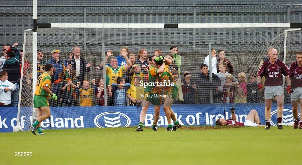 14 July 2007; Brendan Devenney celebrates his second half goal with his Donegal team-mate Rory Kavanagh. Bank of Ireland All-Ireland Football Championship Qualifier, Round 2, Westmeath v Donegal, Cusack Park, Mullingar, Co. Westmeath. Picture credit: Ray McManus / SPORTSFILE