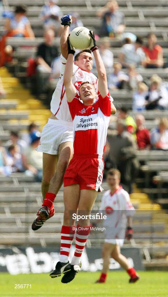 15 July 2007; Paul Heaney, Derry, in action against Kyle Coney, Tyrone. ESB Ulster Minor Football Championship Final - Derry v Tyrone, St Tighearnach's Park, Clones, Co Monaghan. Picture credit: Oliver McVeigh / SPORTSFILE